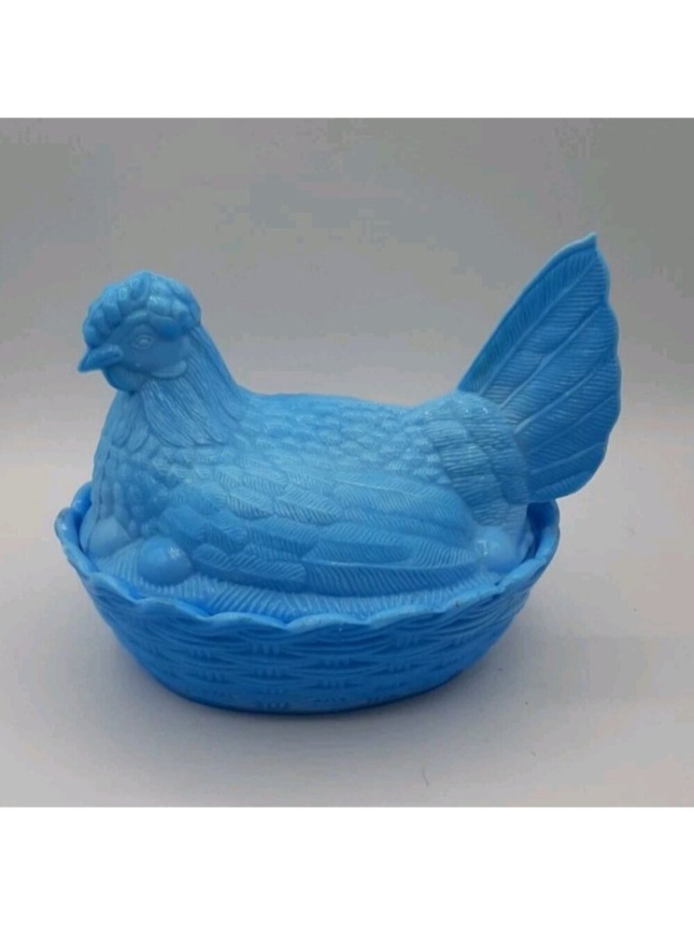 Vintage Blue Slag Glass Hen on Nest Covered Bowl Oval Dish Lid 6 1/2 In
